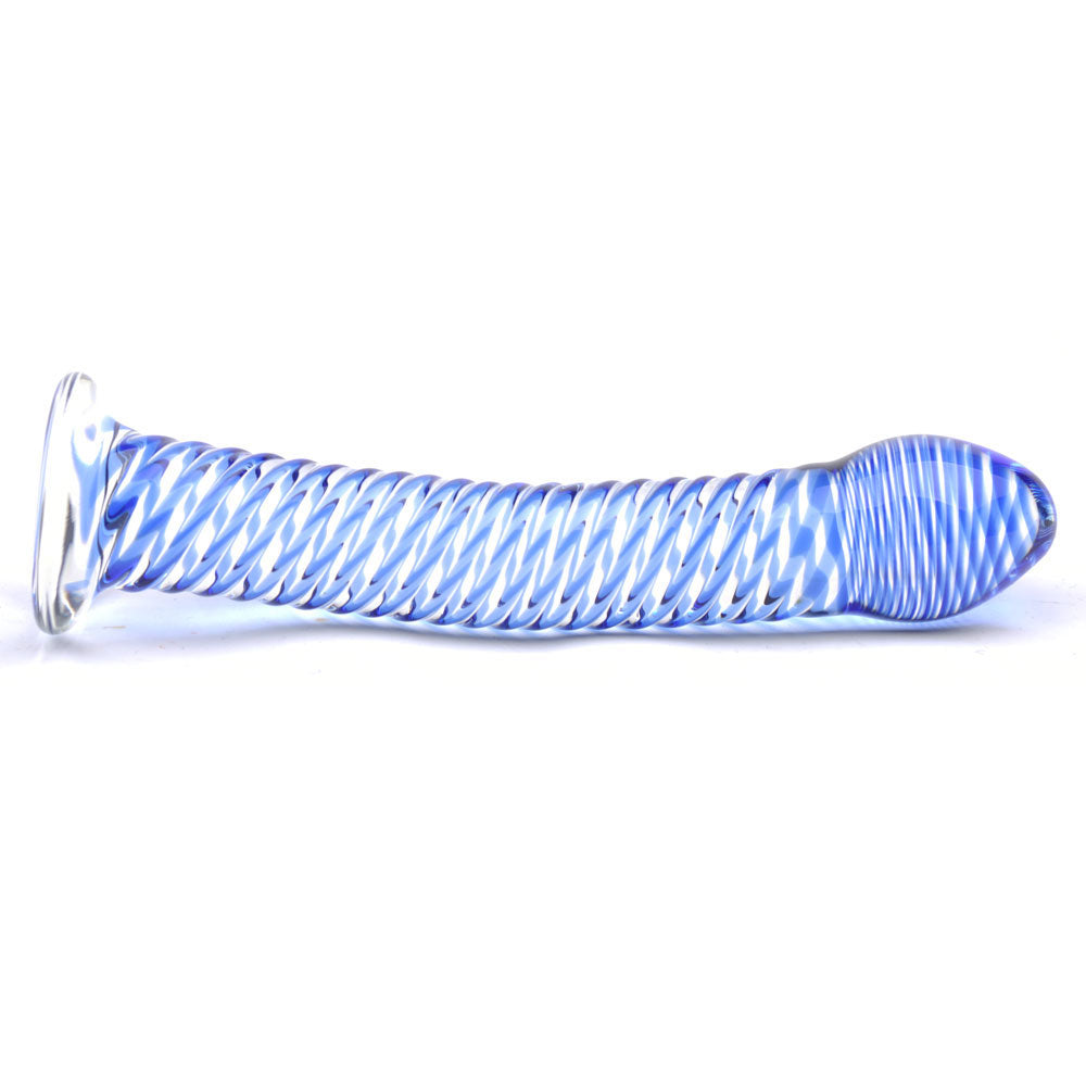 Glass Dildo With Blue Spiral Design|Side View|"blue spiral glass dildo - side view"