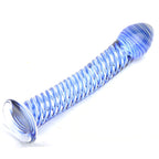 Glass Dildo With Blue Spiral Design|Back View|"blue spiral glass dildo - back view"