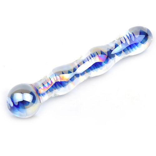 Blue Wavy Glass Dildo|Side View|"blue wavy glass dildo - side view"