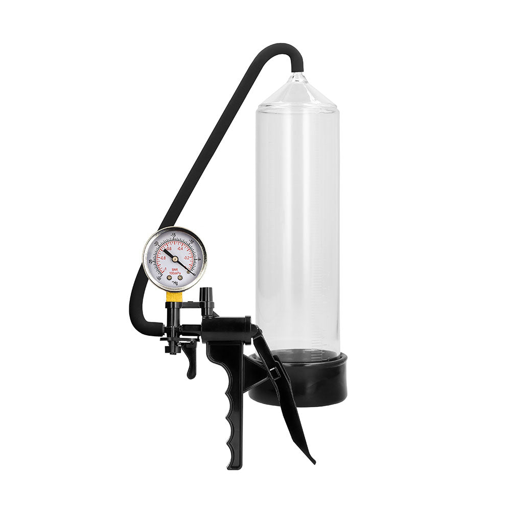 Elite Beginner Pump With PSI Gauge|Front View|"Entry-level penis pump with accurate PSI monitoring - front view"