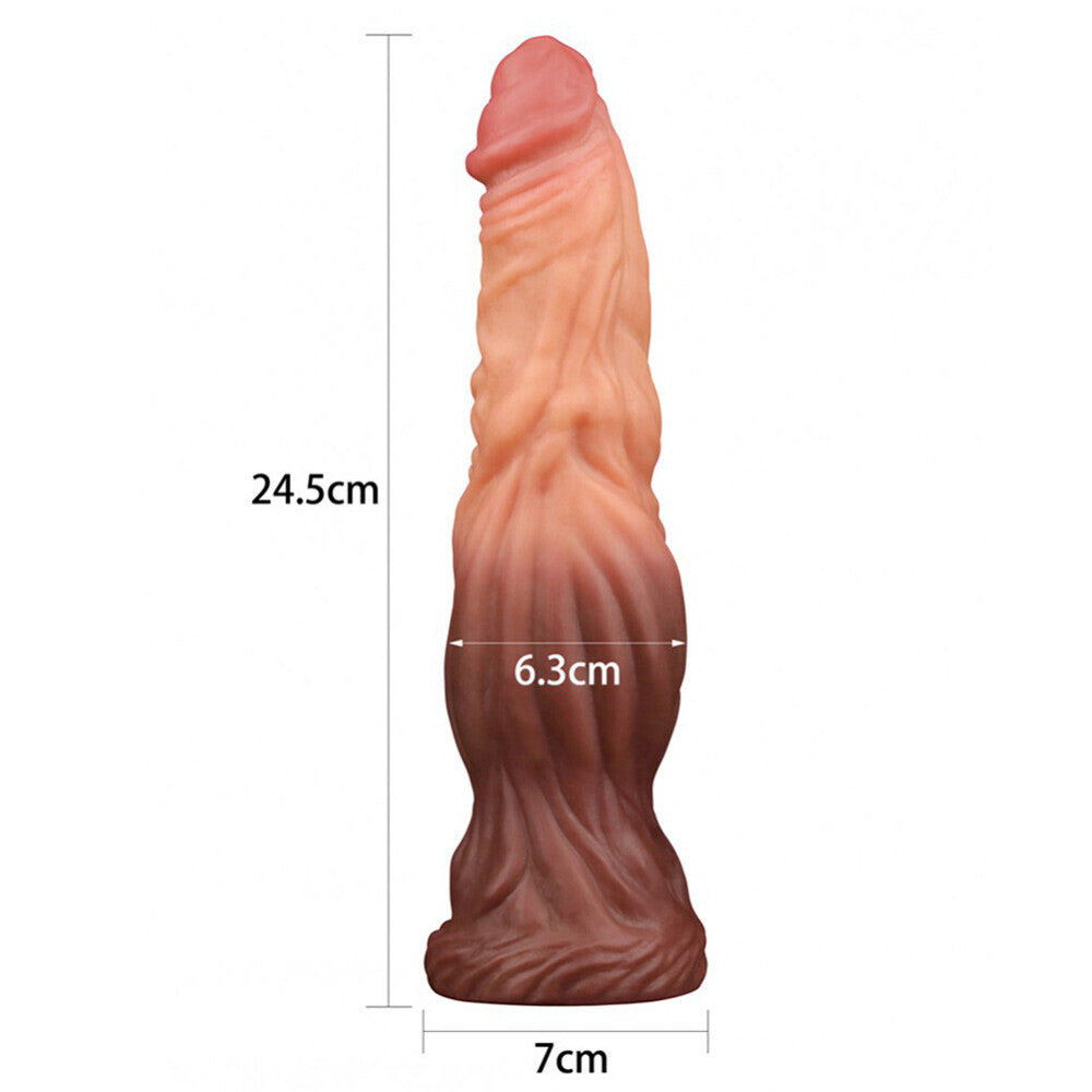 Lovetoy 9.5 Inch Dual Layered Silicone Cock Flesh Brown|Side View|"brown silicone cock - side view"