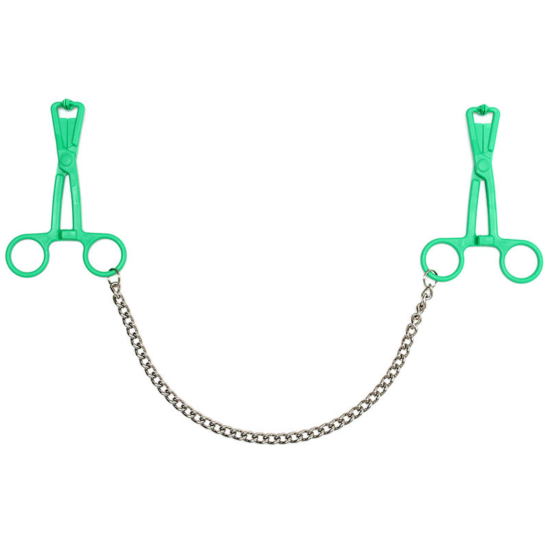 Green Scissor Nipple Clamps With Metal Chain|Front View|"nipple clamps-front view"|