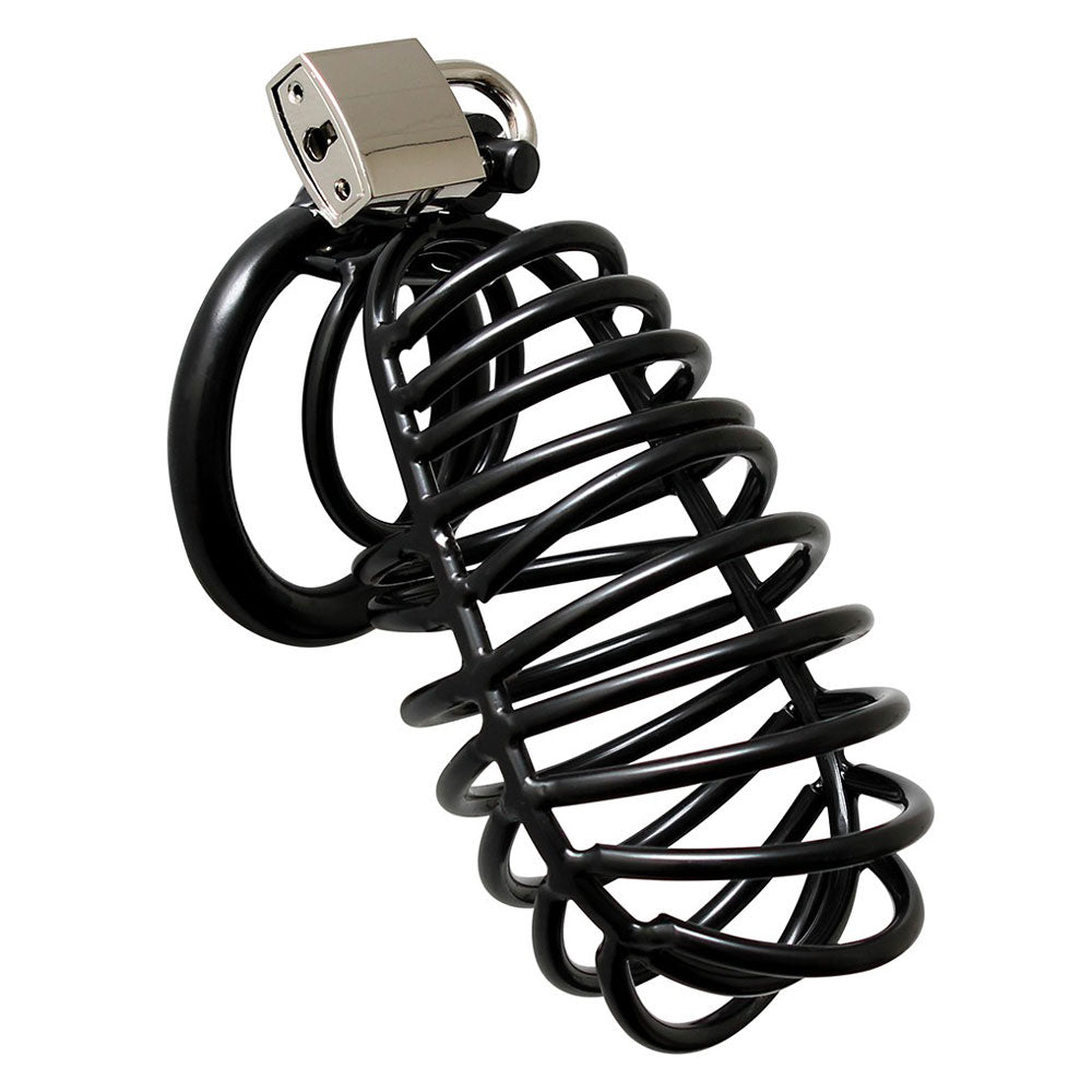 Black Metal Male Chastity Device With Padlock|Front View|"black cage design-front view adult toys direct"|