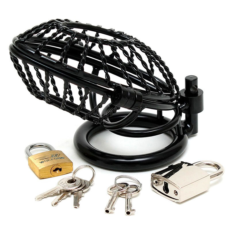 Opening Metal Male Chastity Device With 2 Padlocks|Side View|"lock detail-side view adult toys direct"|