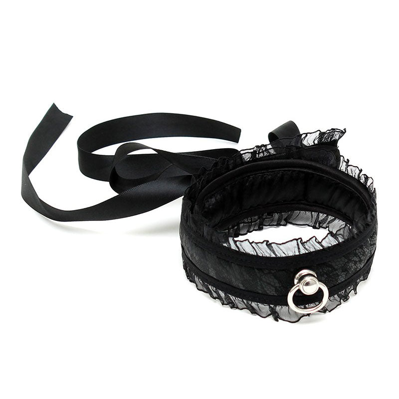 Satin Look Black Collar With O Ring|Front View|"satin collar-front view"|