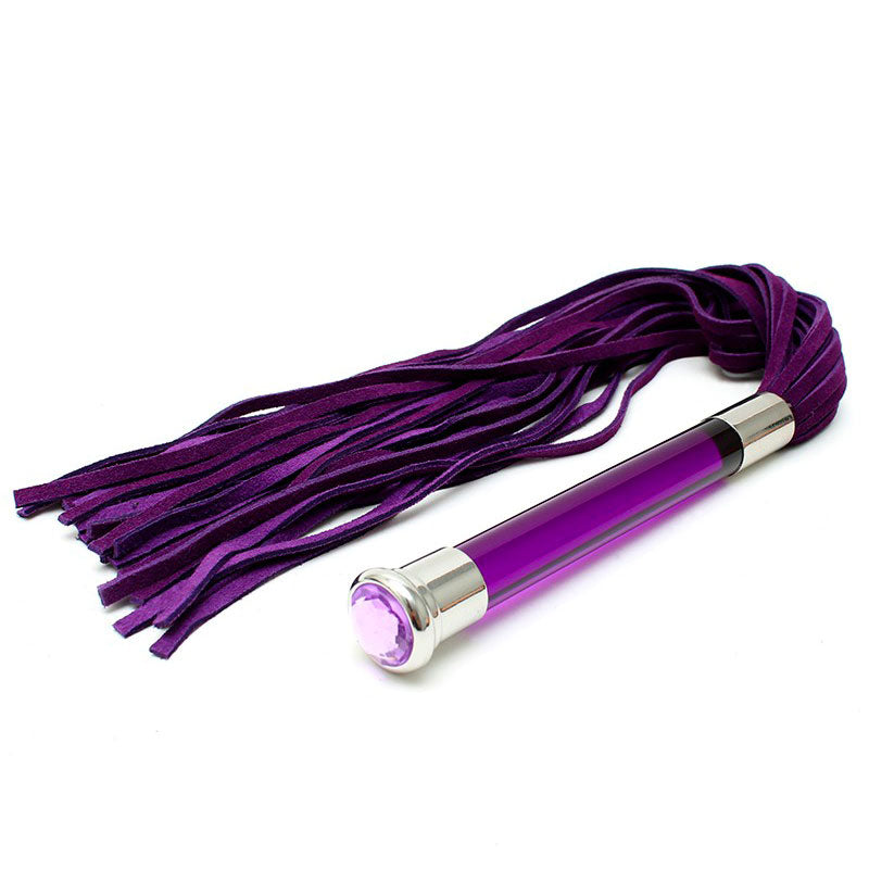 Purple Suede Flogger With Glass Handle And Crystal|Side View|"handle details-side view"|