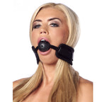 Black Padded Mouth Gag With Breathable Ball|Side View|"gag details-side view"|