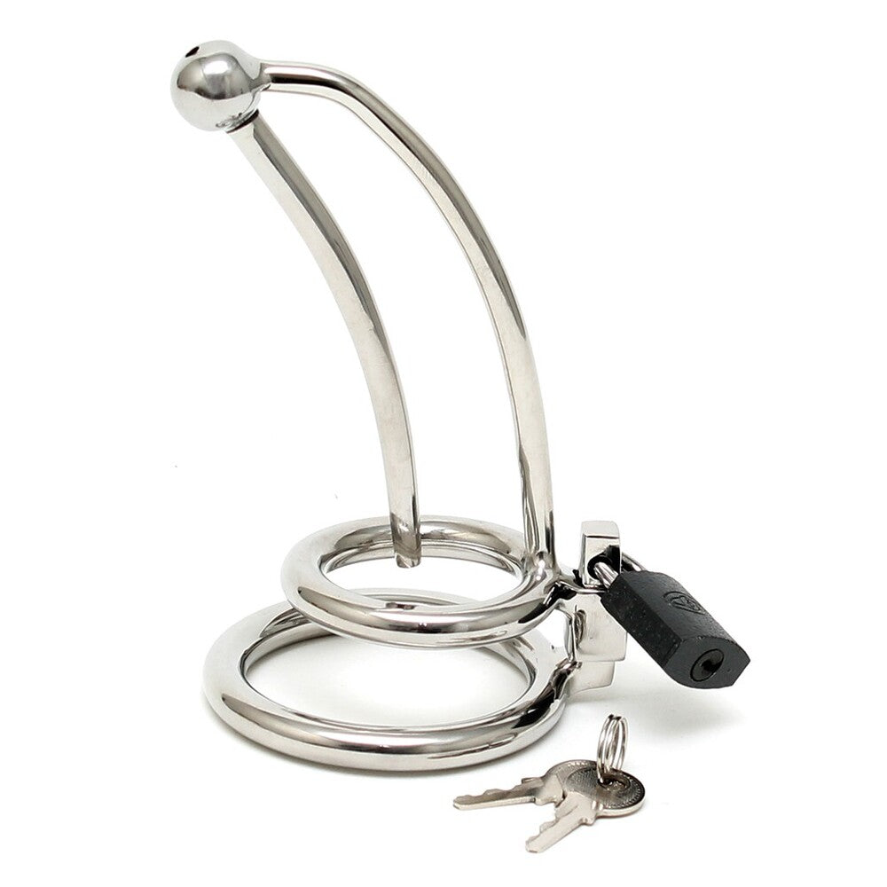 Chastity Penis Lock Curved With Urethral Tube|Front View|"curved chastity lock with tube steel-front view adult toys direct"|