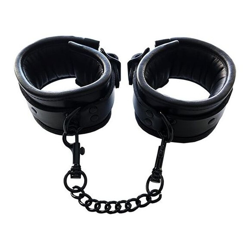Rouge Padded Leather Ankle Cuffs Black|Front View|"black padded ankle restraints-front view adult toys direct"|