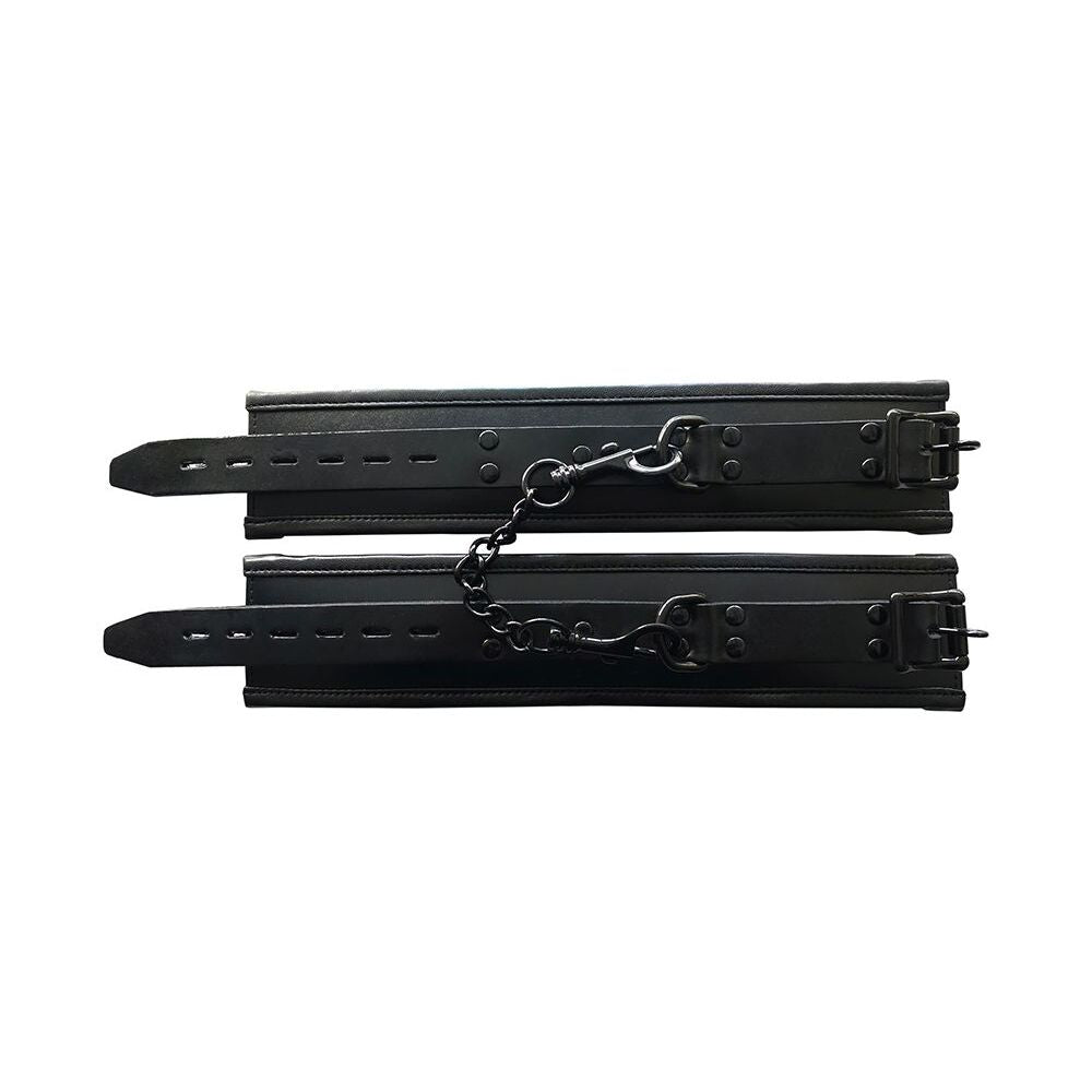 Rouge Padded Leather Ankle Cuffs Black|Side View|"padding detail cuffs-side view adult toys direct"|