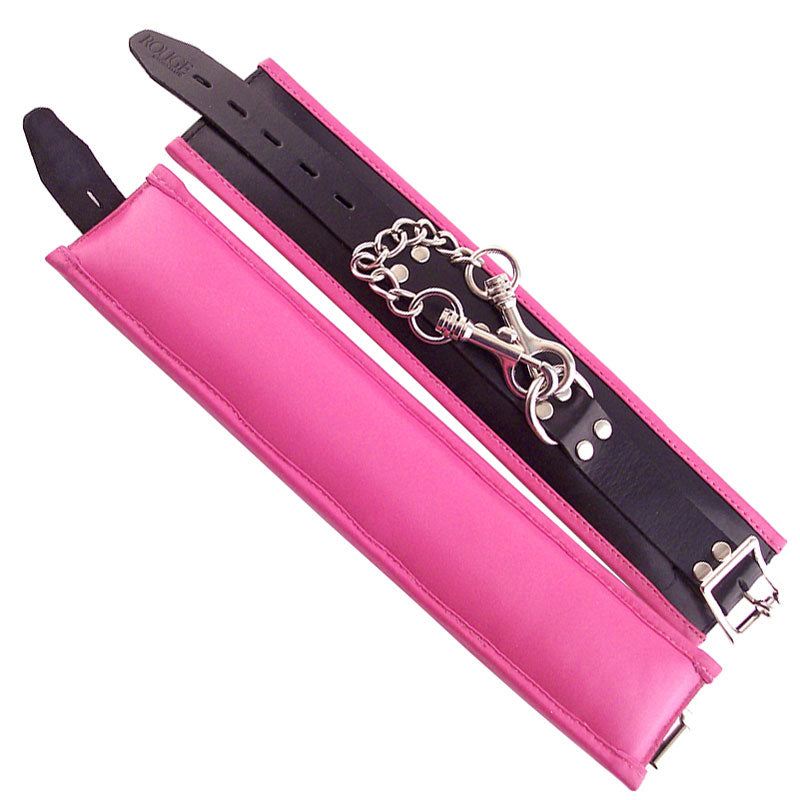 Rouge Garments Wrist Cuffs Padded Pink Trimmed|Front View|"pink trim padded wrist cuffs-front view adult toys direct"|