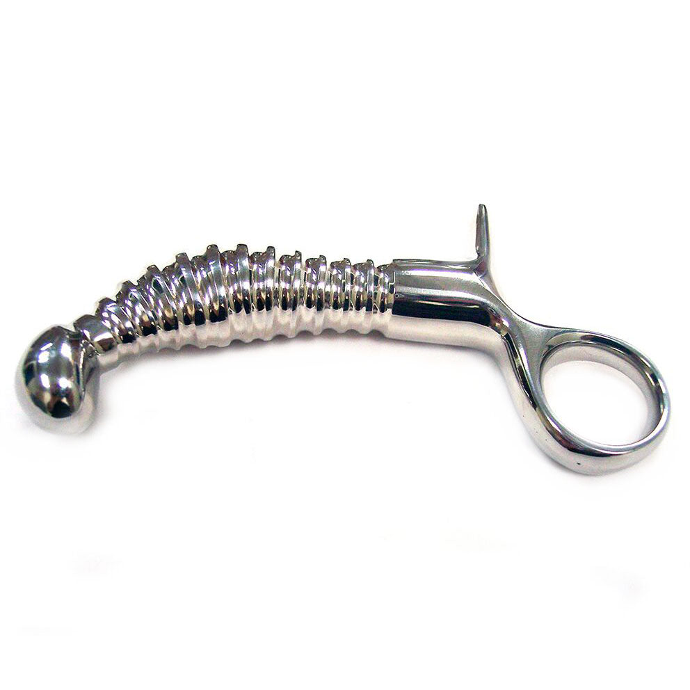 Rouge-Stainless-Steel-Ribbed-Anal-Probe-With-Handle|Front View|"ribbed probe-front view"
