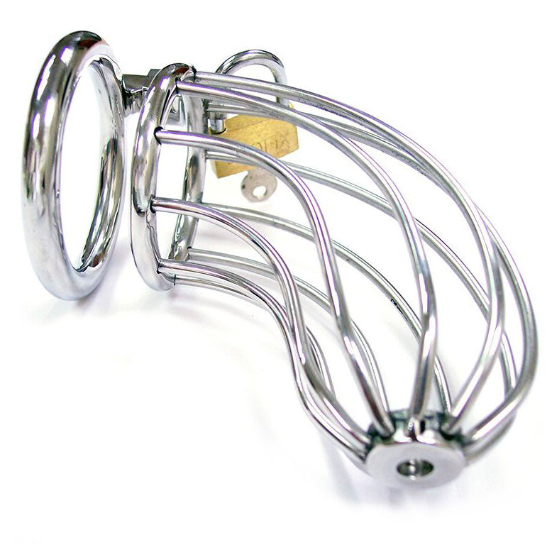 Rouge Stainless Steel Chasity Cock Cage With Padlock|Front View|"steel cage system-front view adult toys direct"|