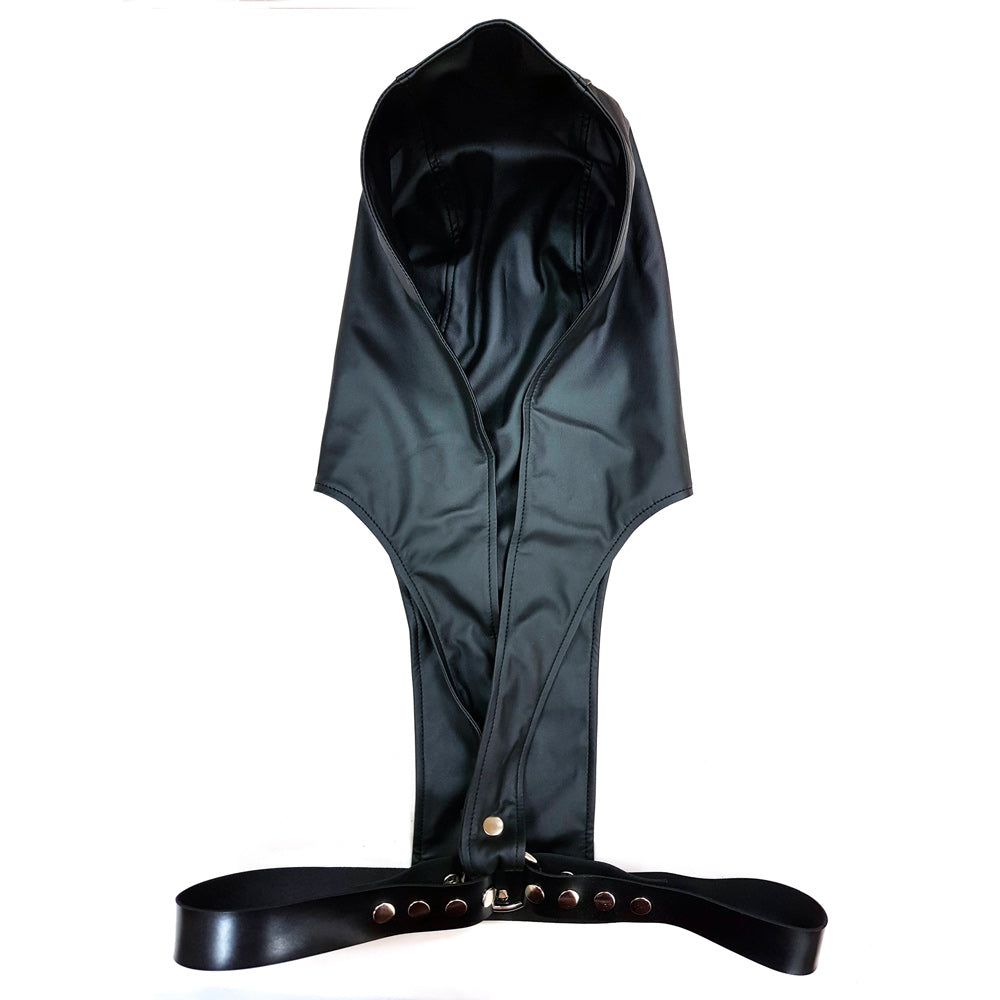 Rouge Leather Harness with Faux Leather Hoodie|Side View|"hoodie detail-side view adult toys direct"|