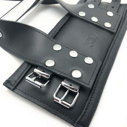 The Red Deluxe Leather Suspension Handcuffs|Detail View|"leather feature detail-detail view adult toys direct"|