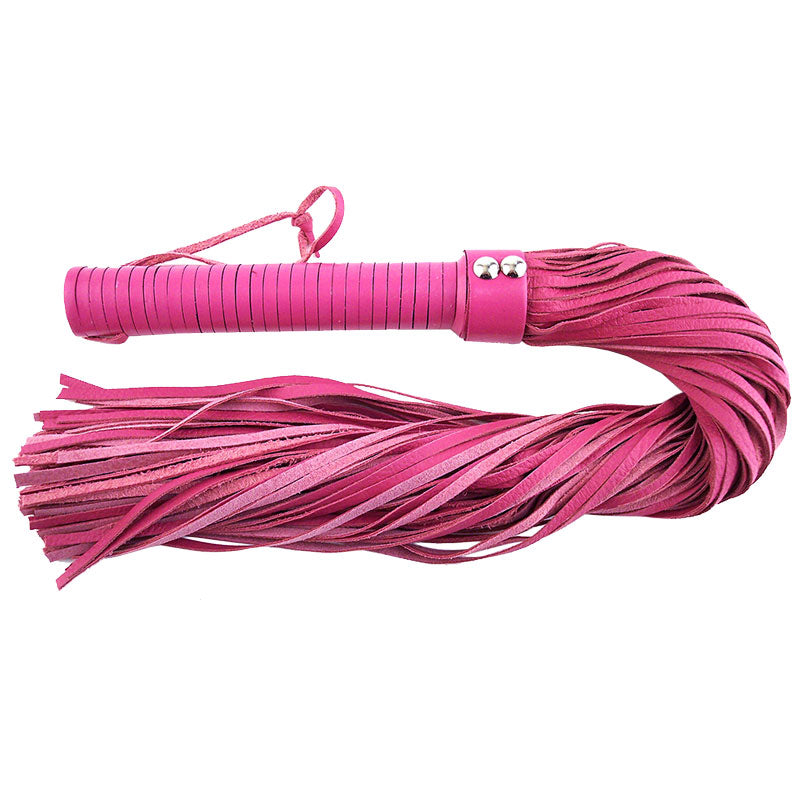 Rouge Garments Large Pink Leather Flogger|Front View|"leather flogger-front view"|