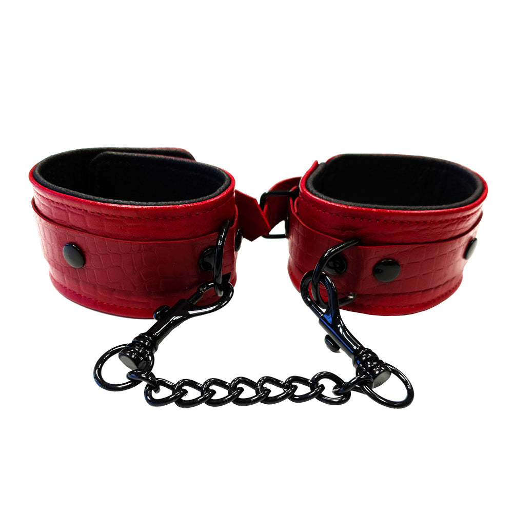 Rouge Garments Leather Croc Print Ankle Cuffs|Front View|"croc print leather ankle restraints-front view adult toys direct"|