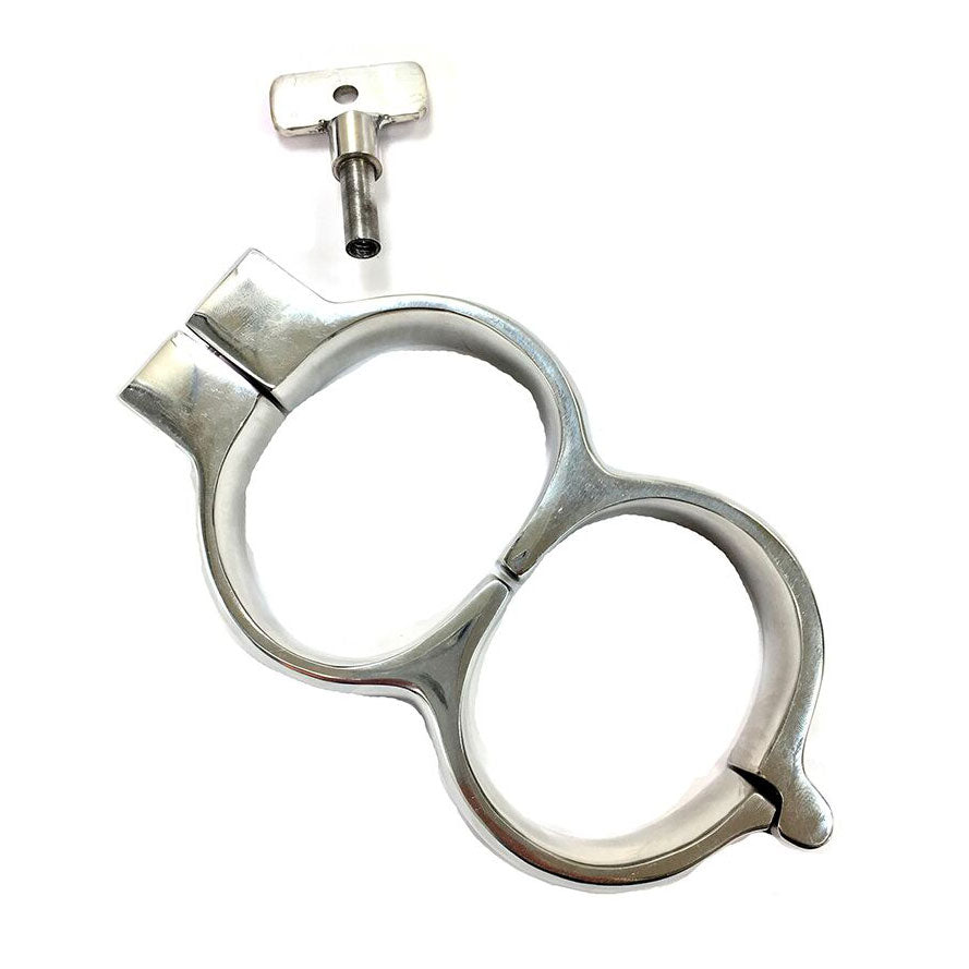 Rouge Stainless Steel Lockable Wrist Cuffs|Front View|"steel locking wrist restraints-front view adult toys direct"|