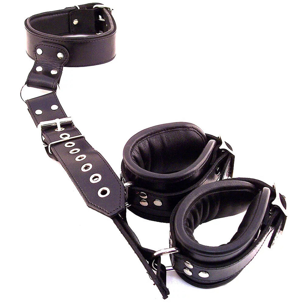 Rouge Garments Black Leather Neck to Wrist Restraints|Front View|"neck wrist restraint combo leather-front view adult toys direct"|