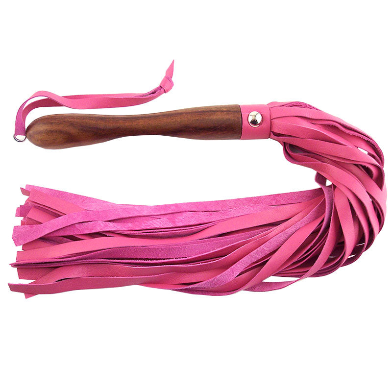 Rouge Garments Wooden Handled Pink Leather Flogger|Front View|"leather flogger-front view"|
