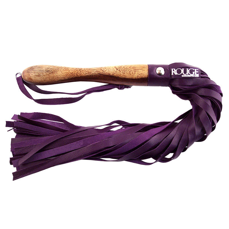 Rouge Garments Wooden Handled Purple Leather Flogger|Front View|"leather flogger-front view"|