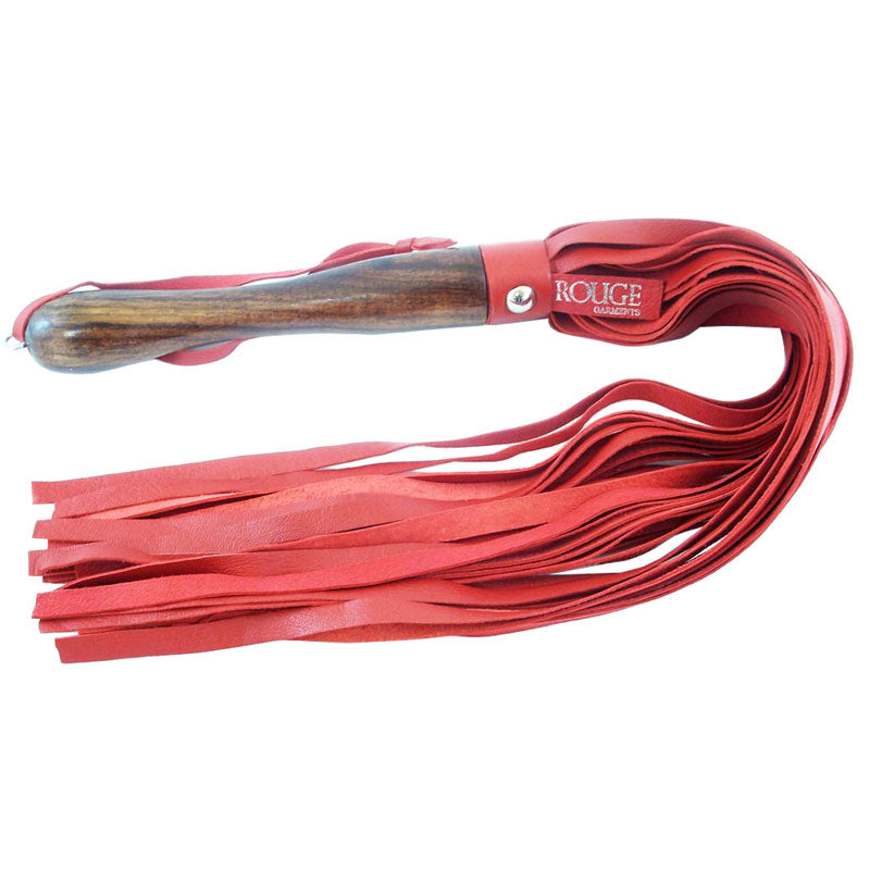 Rouge Garments Wooden Handled Red Leather Flogger|Front View|"leather flogger-front view"|