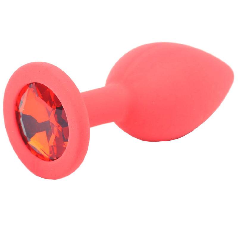 Small Red Jewelled Silicone Butt Plug|Front View|"premium silicone jeweled anal plug-front view"|