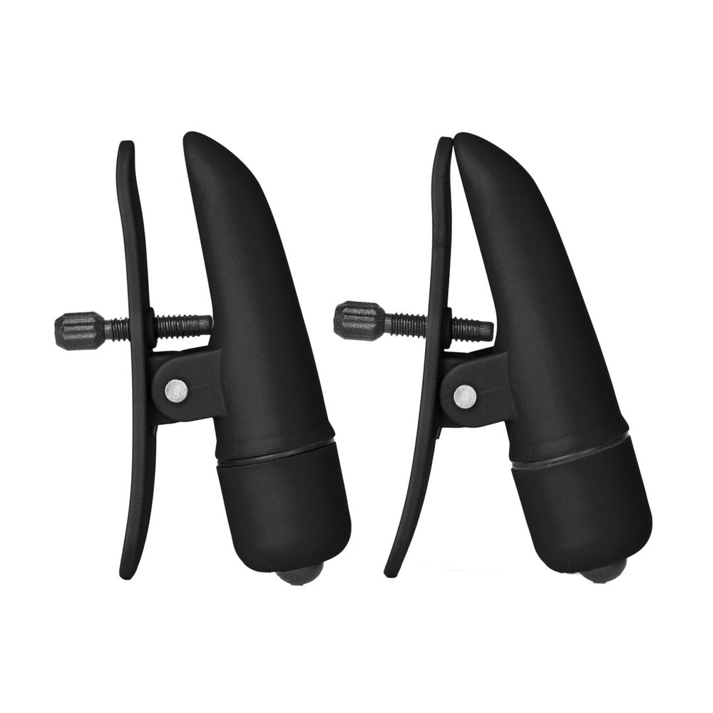 Nipplettes Vibrating Black Nipple Clamps|Front|"black vibrating nipple clamps - front view"