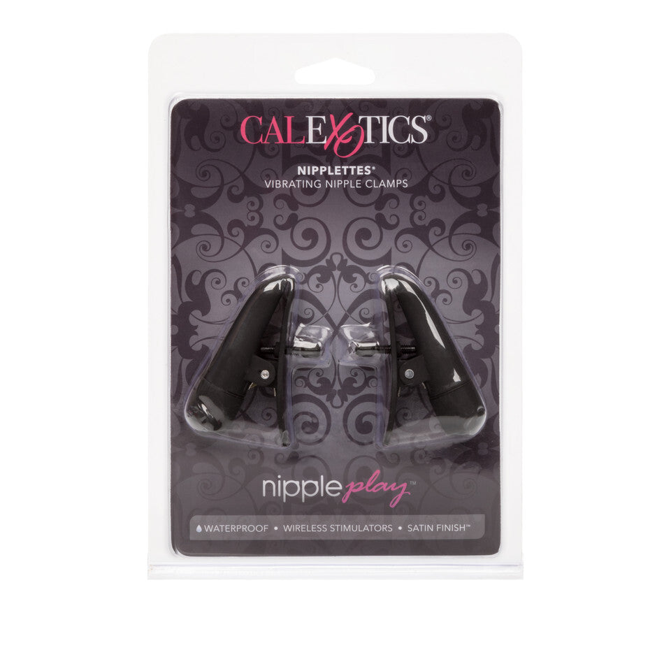 Nipplettes Vibrating Black Nipple Clamps|Package|"black vibrating nipple clamps - package view"