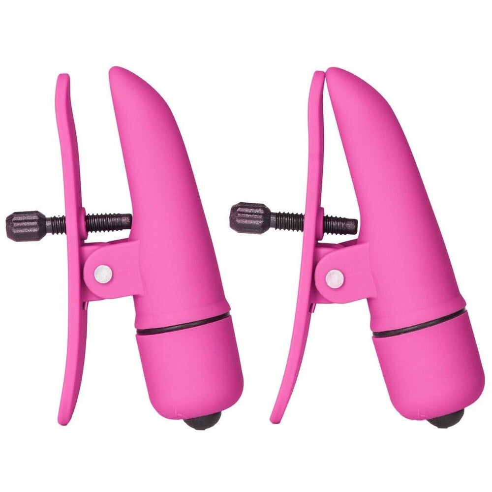 Nipplettes Vibrating Pink Nipple Clamps Adjustable|Front View|"Pink nipple clamps - front view"