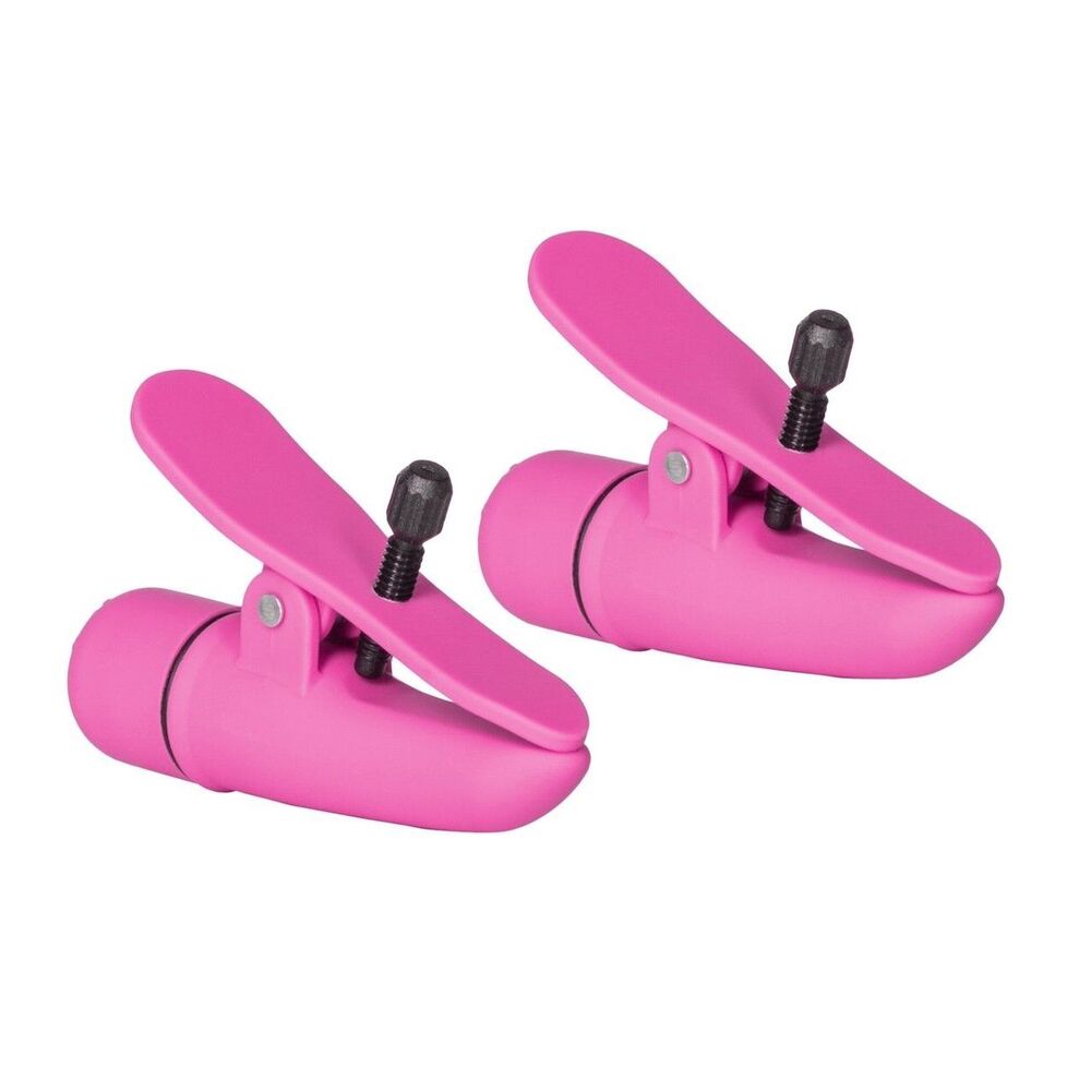 Nipplettes Vibrating Pink Nipple Clamps Adjustable|Side View|"Premium pleasure device - side view"