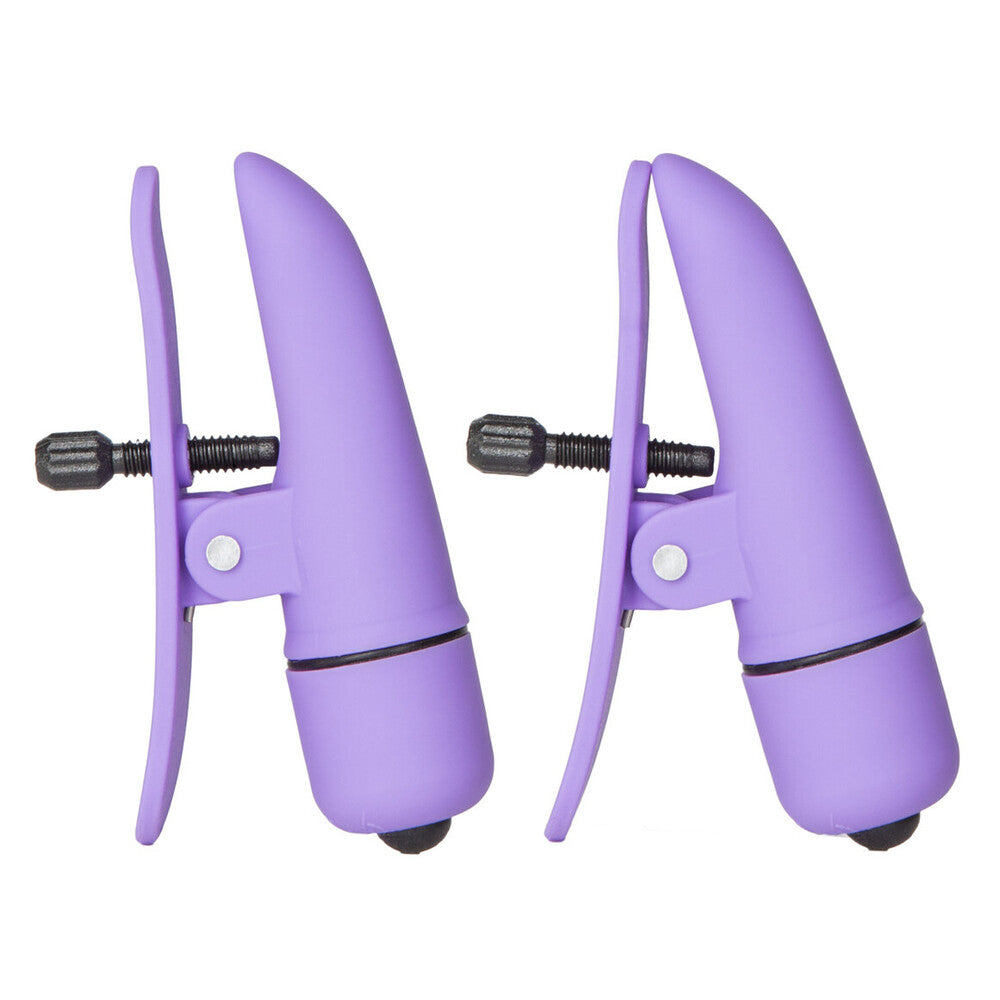 Nipplettes Vibrating Adjustable Purple Nipple Clamps|Front View|"Purple nipple clamps - front view"