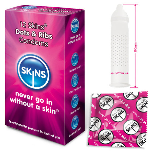 Skins Condoms Dots And Ribs 12 Pack|Front View|"condom design-front view"|