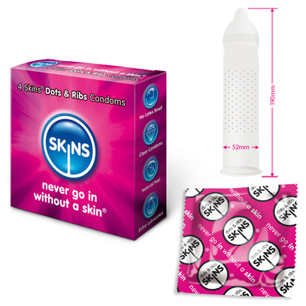 Skins Condoms Dots And Ribs 4 Pack|Front View|"condom design-front view"|