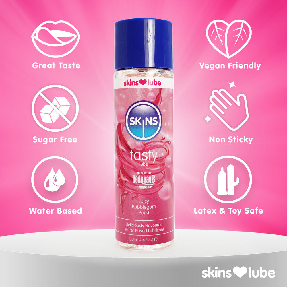 Skins-Juicy-Bubblegum-Blast-Waterbased-Lubricant-130ml|Side-View|"bubblegum-lube-bottle-side-view"