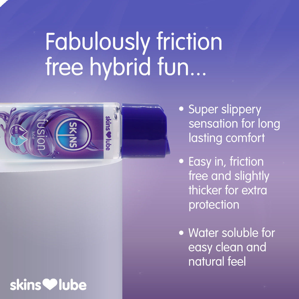 Skins Fusion Hybrid Silicone And Waterbased Lubricant 130ml|Side View|"bottle detail-side view adult toys direct"|