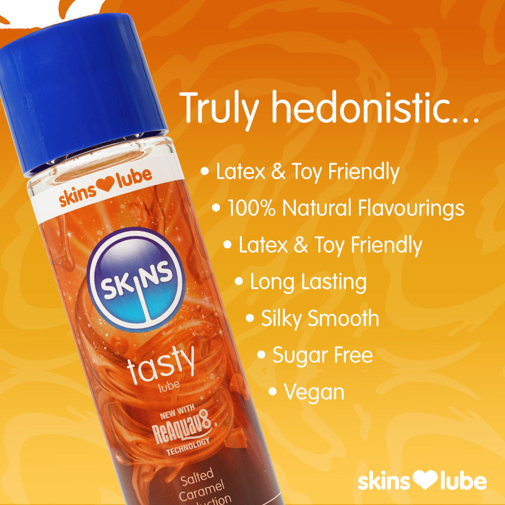 Skins-Salted-Caramel-Seduction-Waterbased-Lubricant-130ml|Side-View|"caramel-lubricant-bottle-side-view"