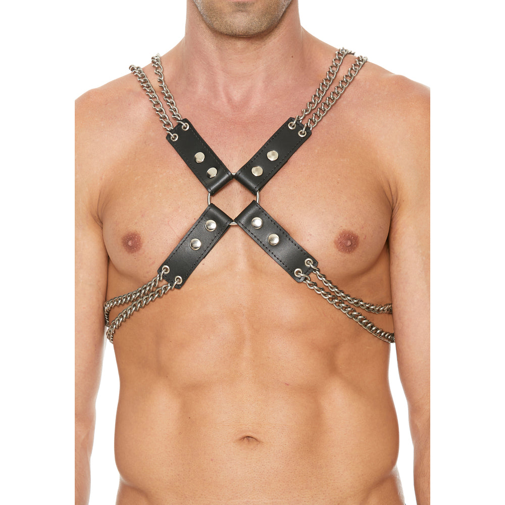 Heavy Duty Leather And Chain Body Harness|Side View|"chain detail harness-side view adult toys direct"|