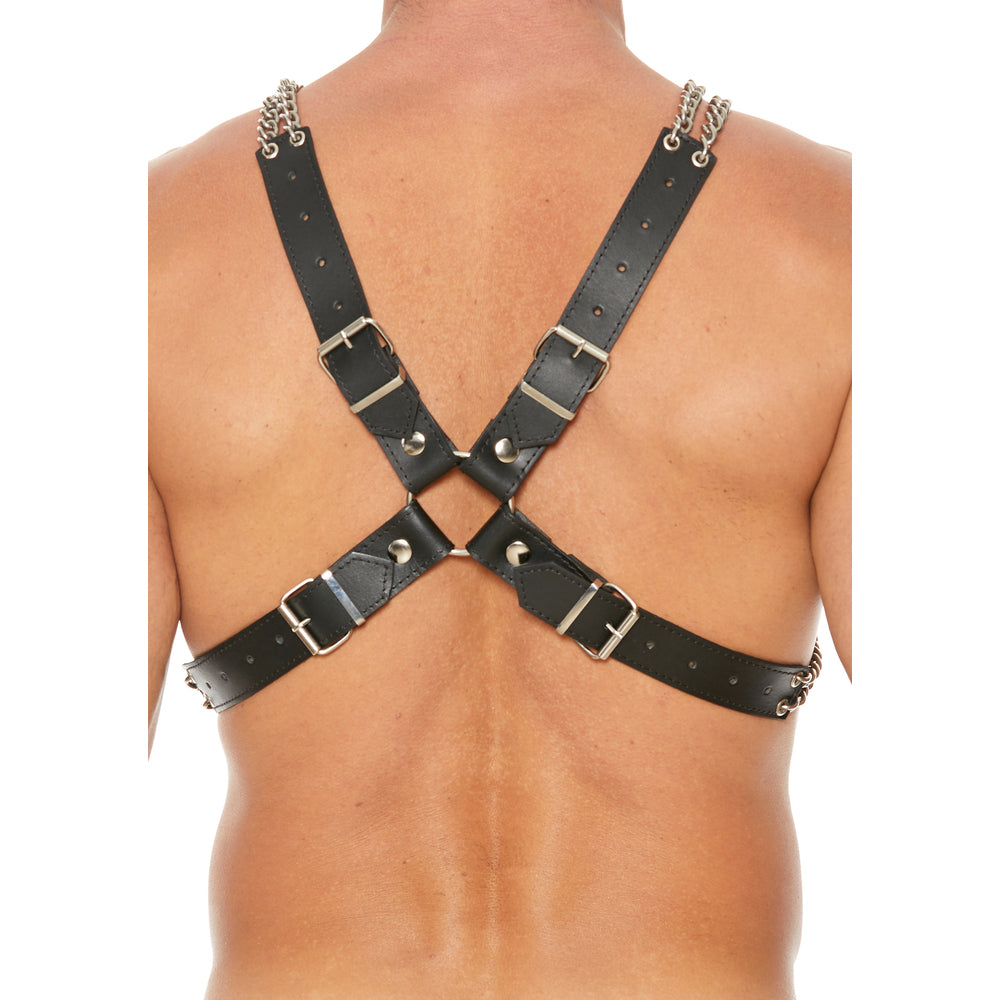 Heavy Duty Leather And Chain Body Harness|Back View|"harness closure system-back view adult toys direct"|