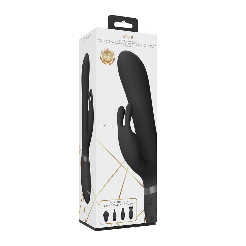 Vive Chou Double Action Interchangeable Rabbit Vibrator Black|Kit View|"Complete stimulation system - kit view"