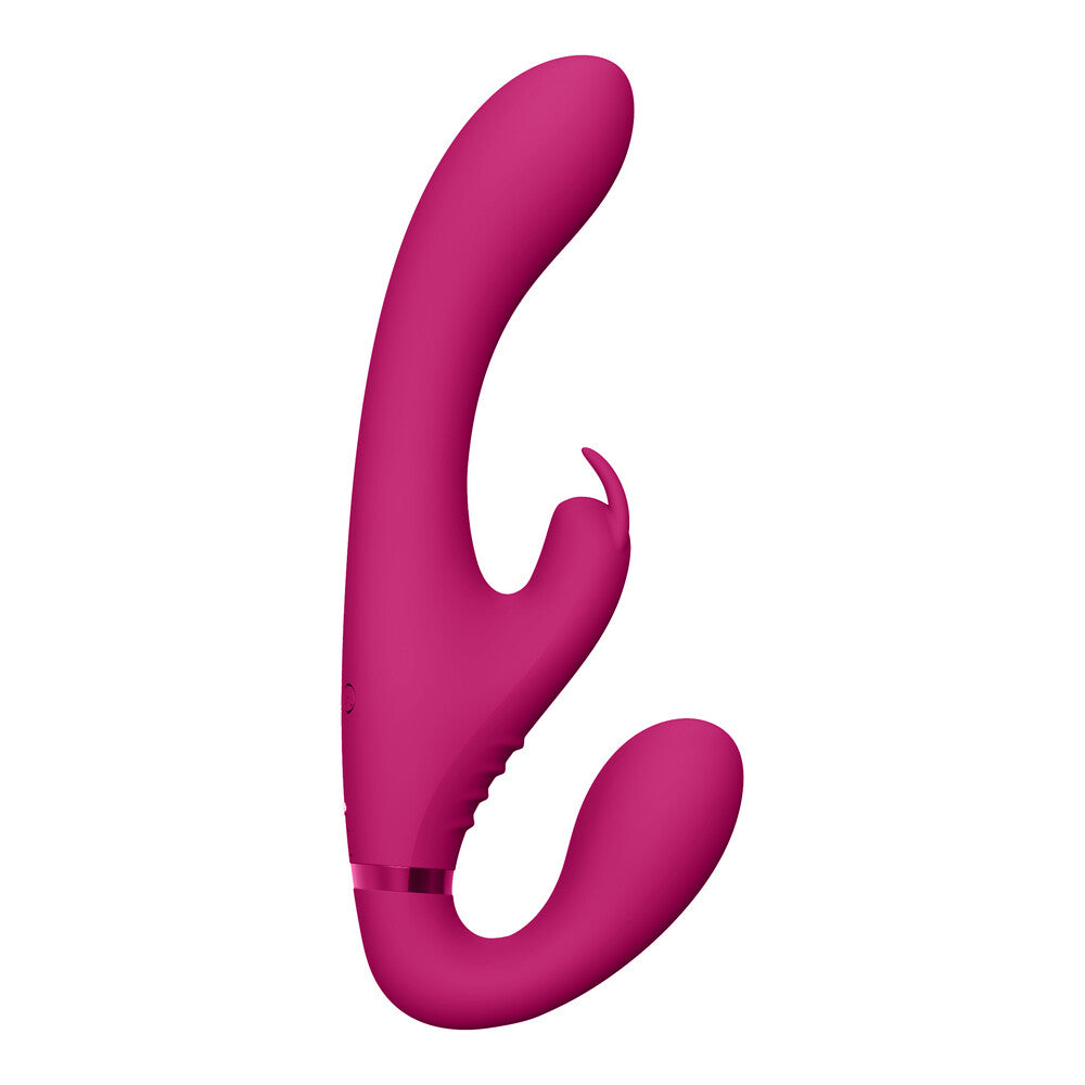 Vive Suki Triple Action Strapless Strap On Vibrator Pink|Front View|"Pink strapless triple stimulator - front view"