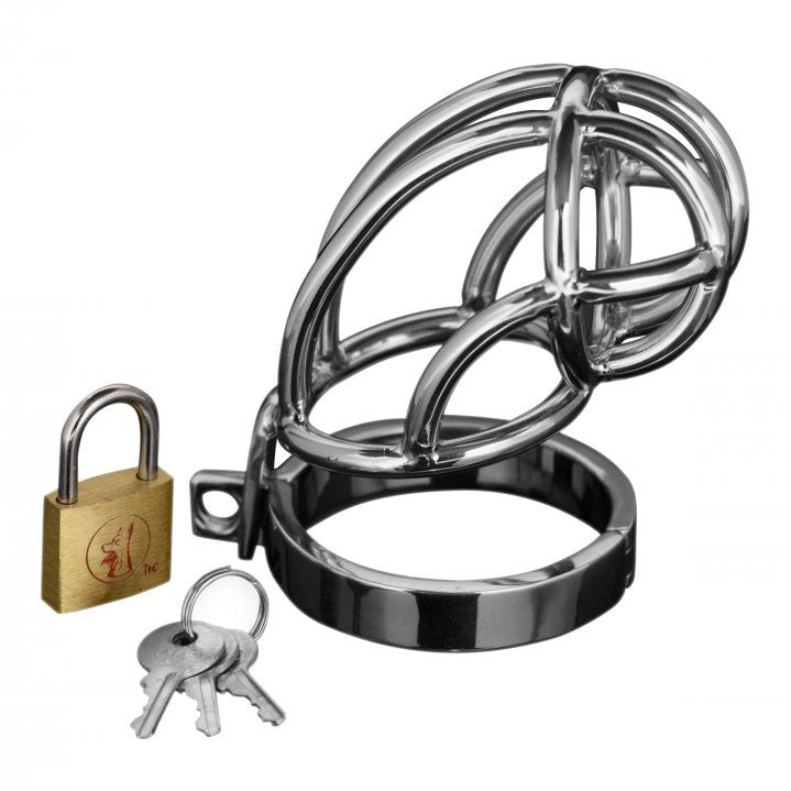 Master Series Captus Stainless Steel Locking Chastity Cage|Front View|"steel lock design-front view adult toys direct"|