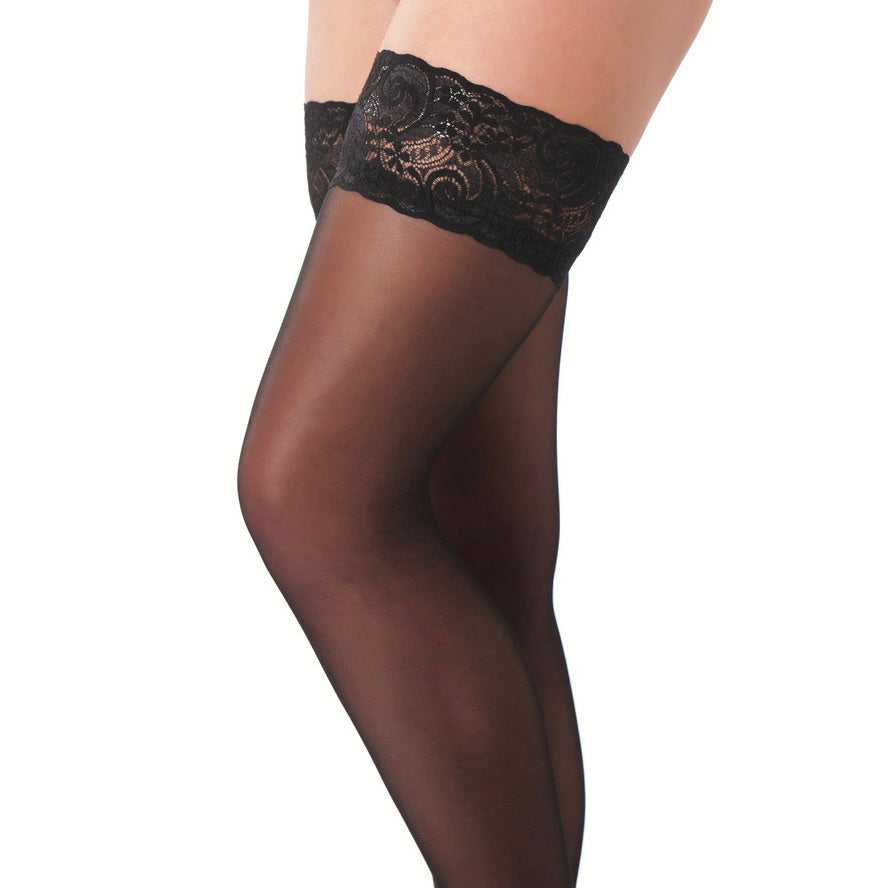 Black HoldUp Stockings With Floral Lace Top|Front View|"floral lace top holdups - front view"