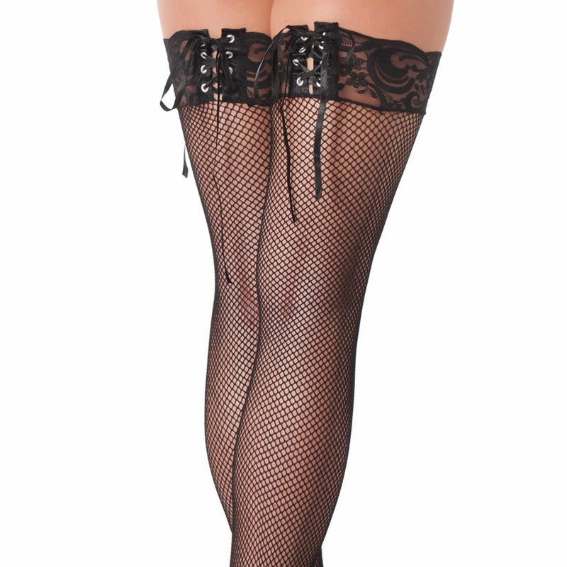 Black Fishnet Stockings With Lace Ribbon Tops|Front View|"ribbon top fishnet stockings - front view"