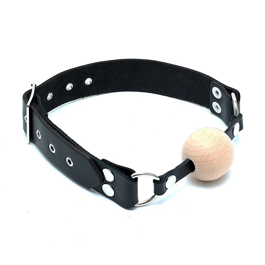 Leather Gag With Wooden Ball|Front View|"wooden ball leather gag natural material bondage-front view adult toys direct"|