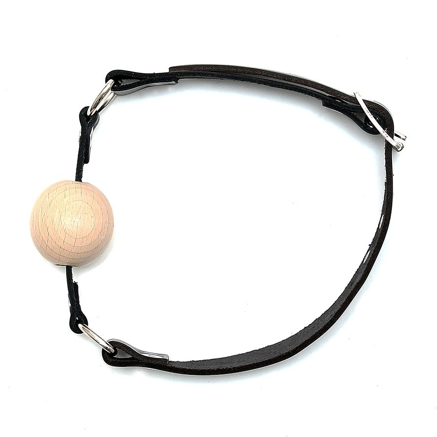 Leather Gag With Wooden Ball|Side View|"premium wooden ball gag leather straps-side view adult toys direct"|
