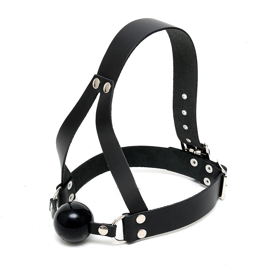 Leather Ball Gag And Head Harness|Front View|"full head harness ball gag leather black bondage-front view adult toys direct"|