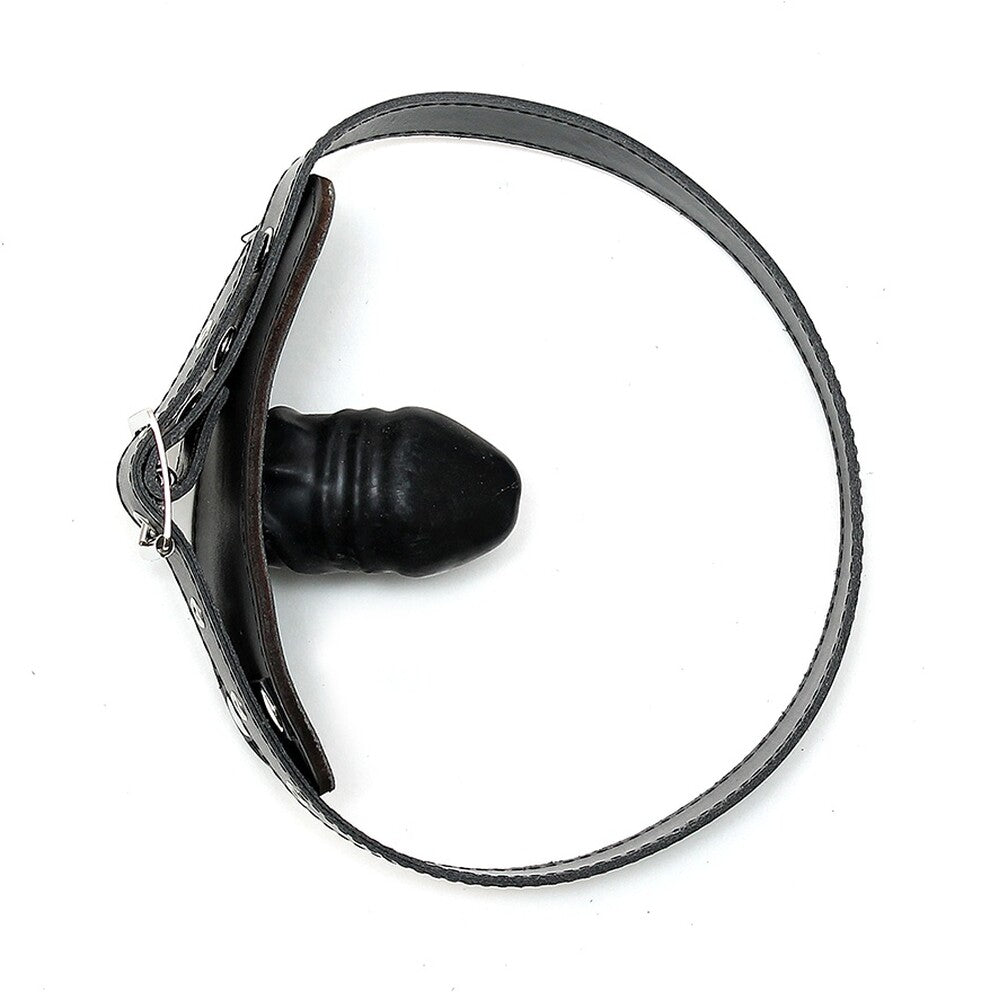 Leather Penis Gag|Front View|"genuine leather penis gag adjustable strap black-front view adult toys direct"|
