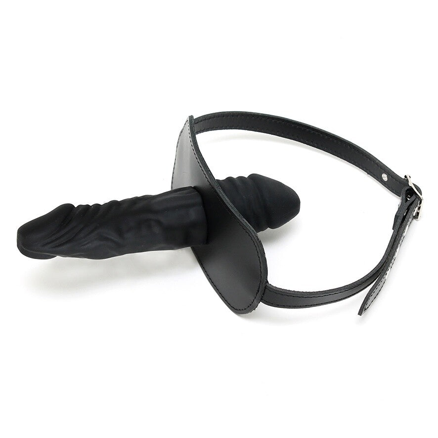 Leather Penis Gag And Dildo|Front View|"premium leather penis gag with dildo attachment black bondage-front view adult toys direct"|