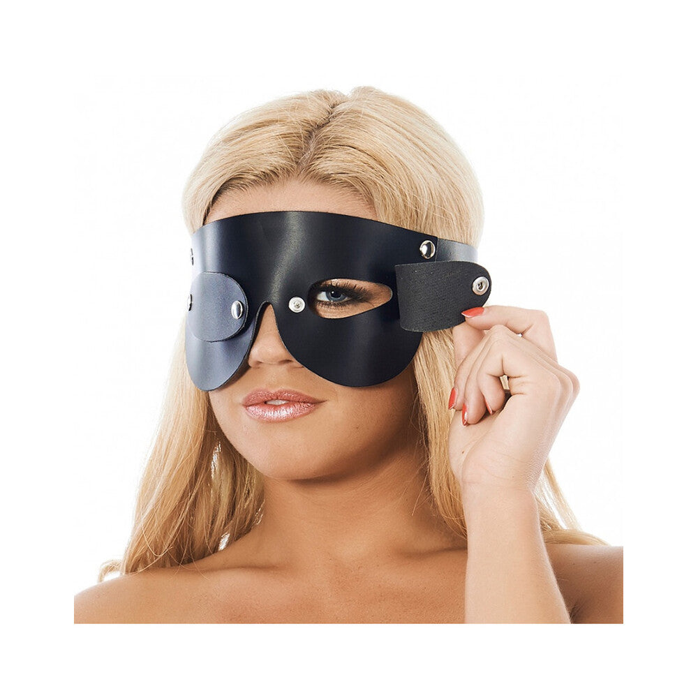 Leather Blindfold With Detachable Blinkers|Front View|"blinker system-front view adult toys direct"|